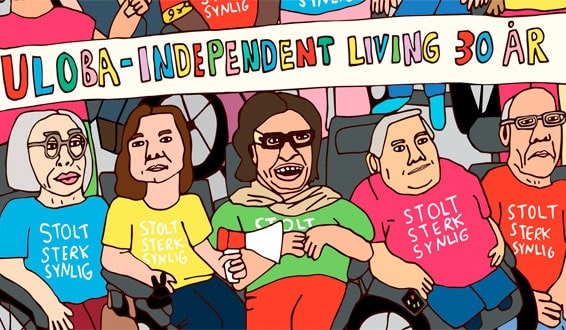 Tegning av Ulobas gründere foran banneret "Uloba Independent Living 30 år"