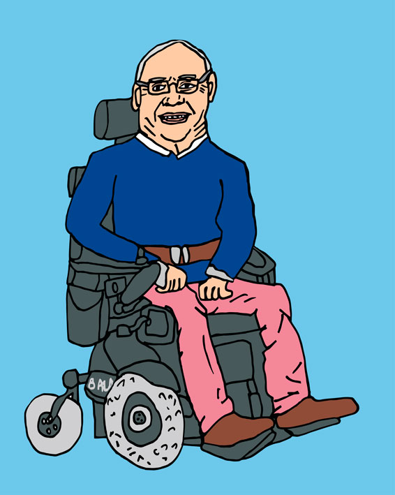 Tegning av Leif Sylling i elektrisk rullestol
