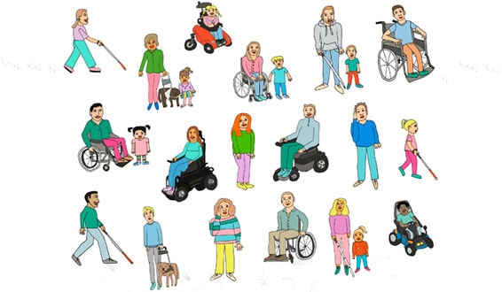 Tegning av 24 personer med ulike funksjonsnedsettelser