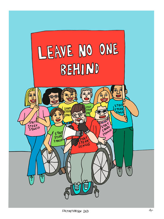 Tegning av Toril Heglum i front av demonstrerende funksjonshemmede med banneret "Leave no-one behind"