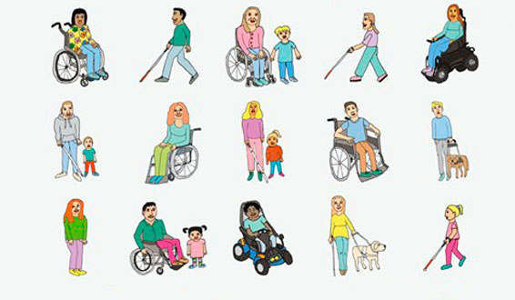 Tegning av 15 personer med ulike funksjonsnedsettelser