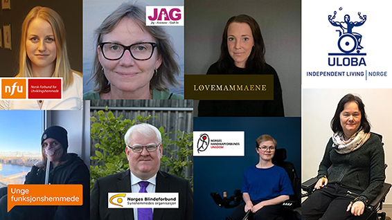 Biletkollasj av alle som deltok i panelsamtalen på arrangementet vårt 3. desember. Tilknytt kvart portrettfoto i kollasjen er det ein liten innklipt versjon av logoane til dei respektive organisasjonane.