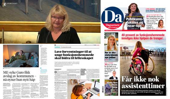 Collage Kari Kjønnaas Kjos på Stortinget og tre avisutklipp om BPA