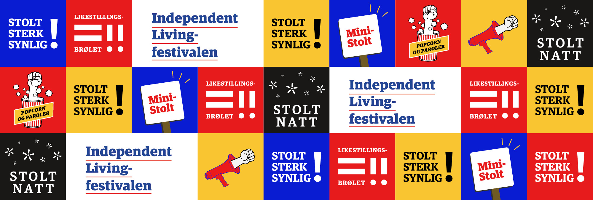 En plakat der alle festivalens logoer er samlet i et fargerikt rutenett. Her finner vi Stolthetsparaden, LIkestillingsbrølet, MiiniStolt, Popcorn og paroler, Stolt natt og slagordet "Stolt, sterk, synlig!",