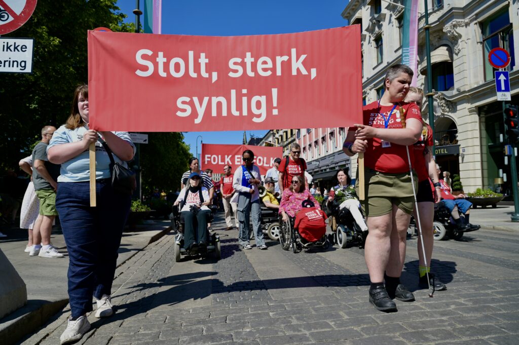 Fronten av årets Stolthetsparade. To mennesker holder en stor parole der det står "Stolt, sterk, synlig!" med hvit tekst og rød bakgrunn". Jenta til høyre har en hvit mobilitetsstokk. En av dem har på seg en t-skjorte med samme motiv som parolen. Bak dem ser vi mennesker i rullestoler, gående mennesker og en til parole i samme fargepalett med teksten "FOLK ER FOLK!". Flere har på seg t-skjorter i blått, rødt og gult med "Stolt, sterk, synlig!" på. Det er strålende sol. Bak den første parolen, til høyre i bildet, kan vi skimte Ulobas generalsekretær Vibeke Marøy Melstrøm. Hun har brunt skulderlangt hår, sitter i en elektrisk rullestol og har en fløyte i munnen, samt mange buttons og t- skjorte.