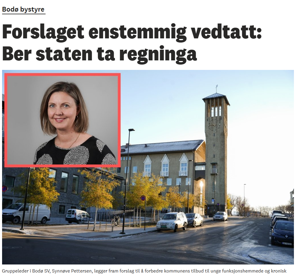 Bildet viser tittel- og bildefeltet i saken "Forslaget enstemmig vedtatt: Ber staten ta regninga" på Bodø nu, eller bodonu.no. Bildet i saken er av Bodø rådhus med et innfelt portrettfoto av Synnøve Pettersen, gruppeleder i Bodø SV. Pettersen har halvlangt hår, og blå øyne og sort topp med hvite prikker. 