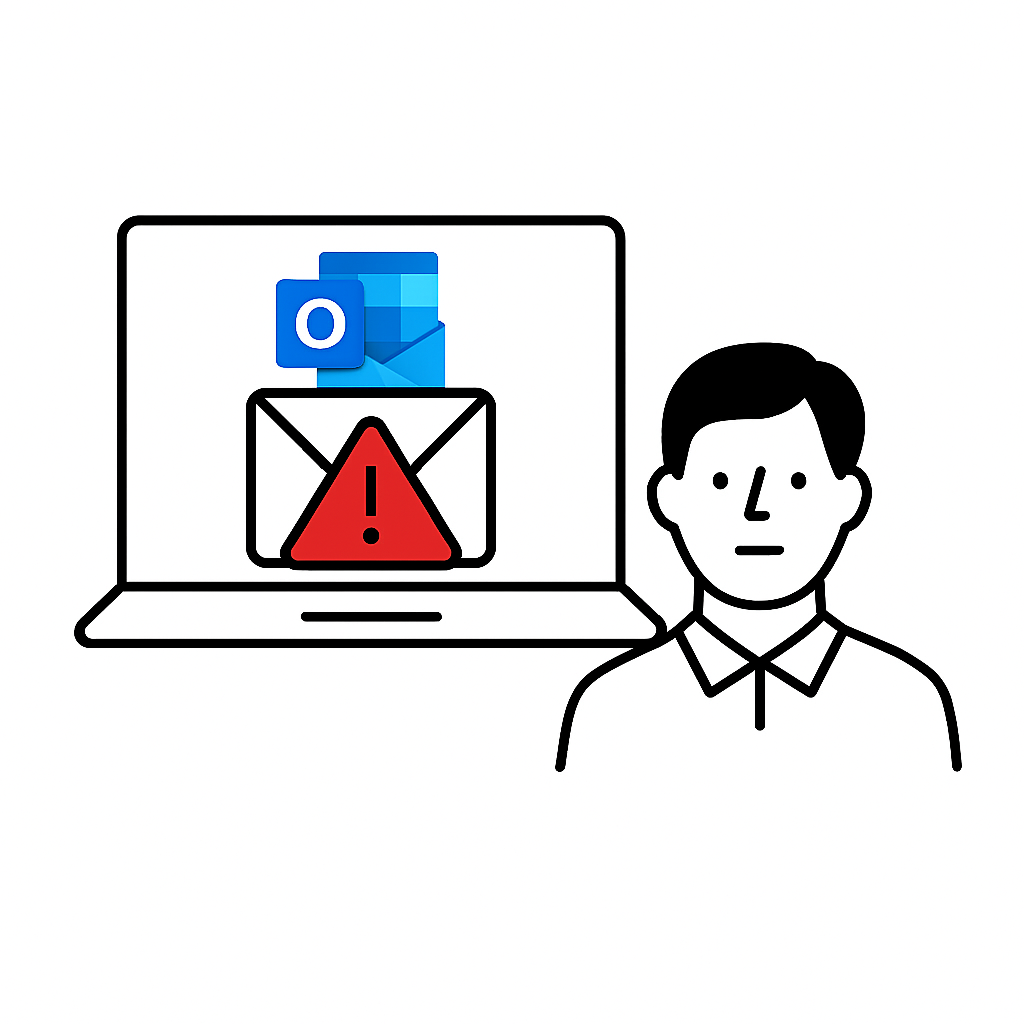 En tegning med en person og en Outlook epost, med advarsel ikon.