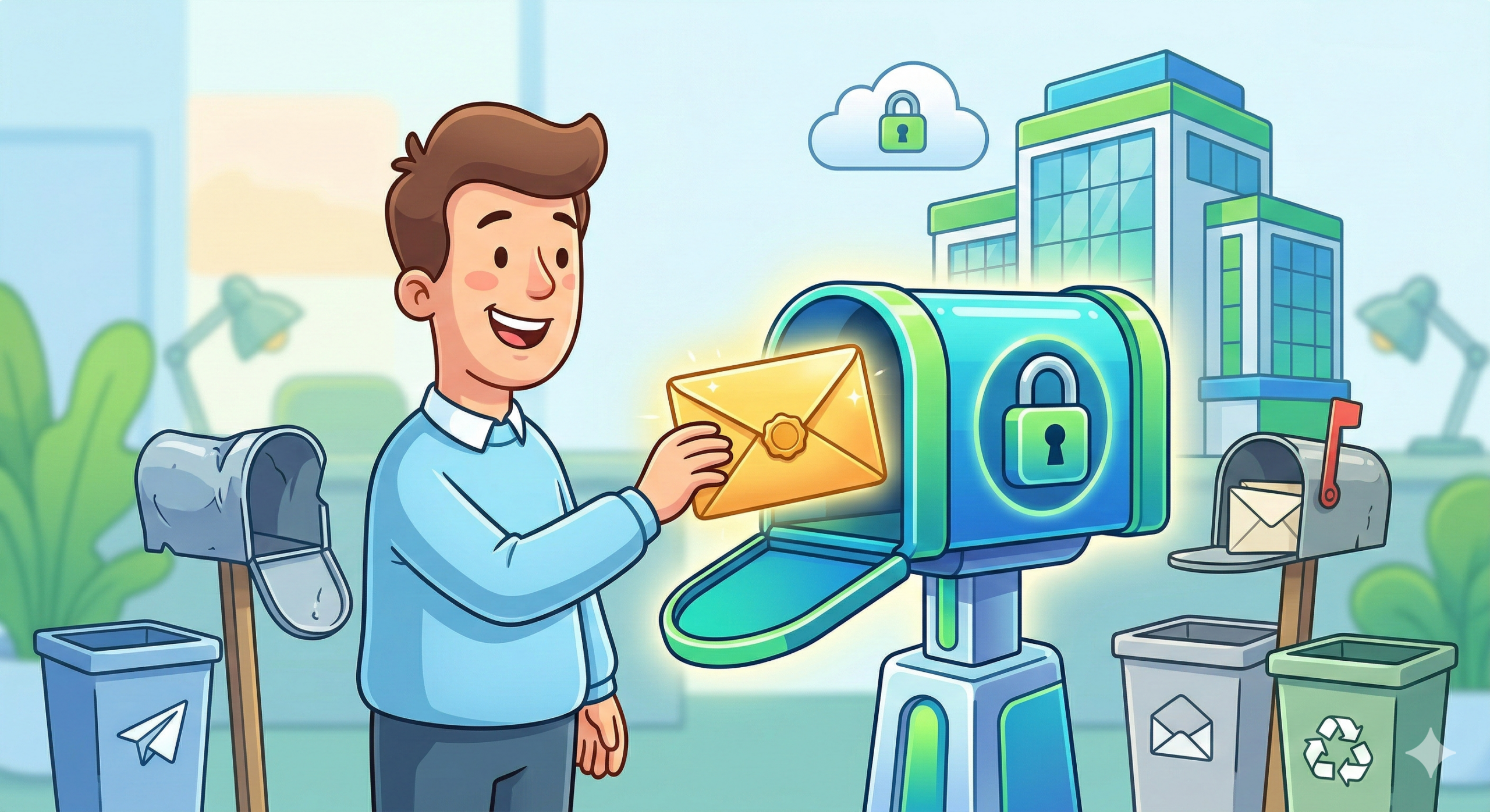 En tegning av en person som putter et brev i en postkasse.